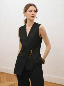 Elegante conjunto de 2 piezas, top sin mangas con cuello en V y cintura anudada, y pantalones anchos de pierna ancha con bolsillos, para primavera - Negro - Ver 4