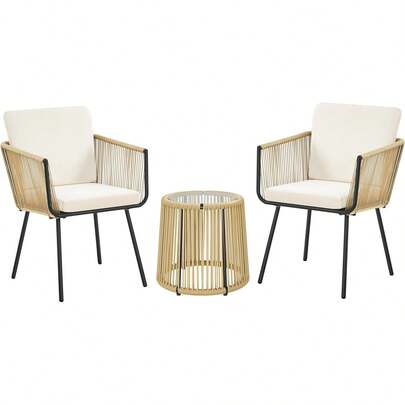 3 Piece Patio Rattan Bistro Set, Outdoor All Weather PE Wicker Conversation Furniture Set With 2 Chairs & Tempered Glass Top Table & Cushions, For Poolside/Porch/Garden/Yard, Tan/Cream