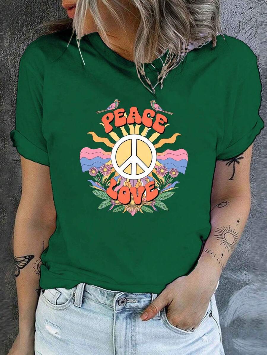 Women's Vintage Peace And Love Print T-Shirt - Casual Short-Sleeved Crew Neck T-Shirt With Geometric Sunburst And Peace Symbol Prints, Made Of Machine-Washable Medium-Stretch Fabric, Suitable For Spring And Summer. Comfortable T-Shirt For Everyday Wear, Bohemian Style, Comfortable Fit Blouse For Women. - 綠色 - 查看 1
