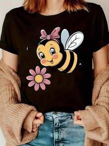 Camisetas Para Mujer AlgodónCamiseta de Abeja Adorable - Estilo Juvenil Divertido - Suave y Cómodo para Uso Diario - Ocasiones Informales - Tallas Variadas y Color Negro - Moda Casual Femenina -  de Ropa Juvenil mundial 2026 - Negro - Ver 6