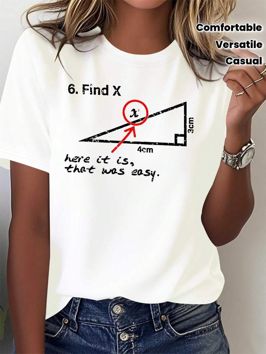 Camiseta de mujer con estampado divertido de patrones y matemáticas, cómoda y versátil, de manga corta e casual - Blanco - Ver 1