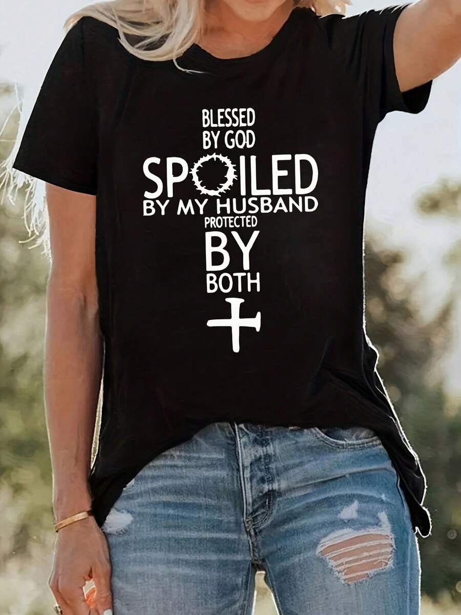 Women's Modern, Casual T-Shirt, Perfect For Parties And Lounging At Home, 100% Cotton, Loose Fit. Blessed Prayer Faith Lettering Print Casual Short-Sleeve T-Shirt, 100% Cotton - 黑色 - 查看 1