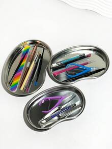 1个极简银色腰果造型不对称托盘，多功能不锈钢收纳展示盘，适用于美甲、睫毛、纹身工具 - 彩色 - 查看 1