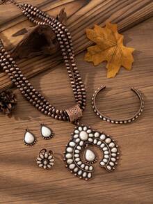 Vintage Copper & Turquoise Jewelry Set - Necklace, Earrings, Ring. Instantly Achieve A Boho-Chic Western Cowgirl Vibe, Suitable For Outfits, Daily Wear, And Holidays. - Bronze - View 4