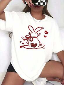 100% Cotton. Women's Oversized Graphic T-Shirt With Red Rabbit Heart Design, Casual Valentine's Day Wear, 220gg. 100% Cotton. Women's Simple Solid Color T-Shirt, Loose And Slim Fit Casual Short Sleeve - 白色的 - 查看 1