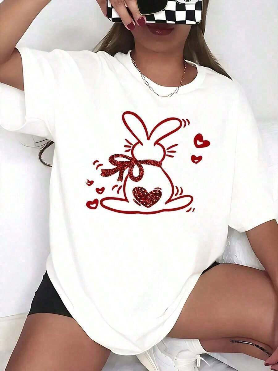 100% Cotton. Women's Oversized Graphic T-Shirt With Red Rabbit Heart Design, Casual Valentine's Day Wear, 220gg. 100% Cotton. Women's Simple Solid Color T-Shirt, Loose And Slim Fit Casual Short Sleeve - 白色的 - 查看 1