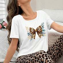 Women's Cotton Leopard Print Bow T-Shirt, Short Sleeve, Round Neck, Casual Everyday Top, Loose Fit, Basic T-Shirt, Sizes M-5XL, Soft And Comfortable Material, Animal Print Design, Essential For Summer Fashion. - 白色 - 查看 1