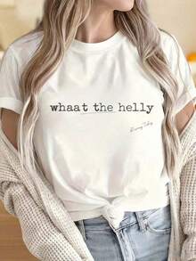 100% Cotton. One-Piece T-Shirt For Women And Men With A Round Neck And Short Sleeves. Black "What The Helly" T-Shirt For Women, Casual, Fun, Graphic Print, By Rising. The Fun Prints Are Suitable For Christmas Parties, Sports Activities, Holiday Parties, Outings, Sports, And Other Christmas Gifts. 100% Cotton. Women's Simple Solid Color T-Shirt, Loose And Slim Fit Casual Short Sleeve - 白色的 - 查看 7