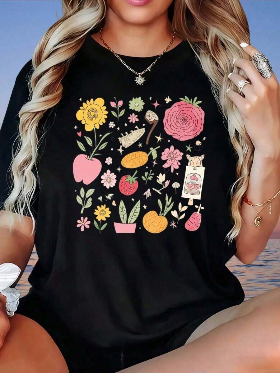 Cool Casual T-Shirt With Floral Fruit And Vegetable Print, Plus Size White T-Shirt For Women, Casual Summer Top With Neckline Design, Women's T-Shirt, Fashionable. - 黑色 - 查看 1