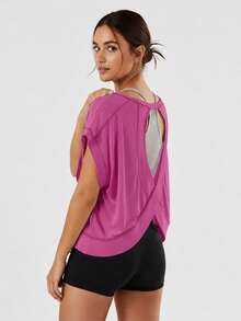 Fnortc Womens Casual Sexy Cotton Blend T Shirt Round Neck Short Batwing Sleeve Backless Cross Back Top - Hồng - Xem 2