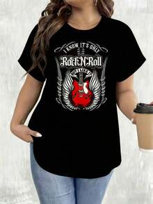 New 2026 Collection: Women's Cotton T-Shirt, Rock N Roll Band Design With Guitar Wings, Casual Wear For Daily Outings And Concerts, Home And Outdoor Use, Black And White Short Sleeve T-Shirt, Gift For Parties And Holidays - 黑色 - 查看 6