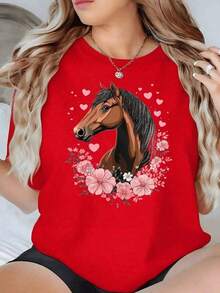 Short-Sleeve T-Shirt. Portrait Of A Noble Horse Surrounded By Pink Flowers And Hearts Symbolizing Strength And Feminine Tenderness. Women's T-Shirt, 220g Cotton. Blouses. Pretty. 100% Cotton. - 紅色的 - 查看 1