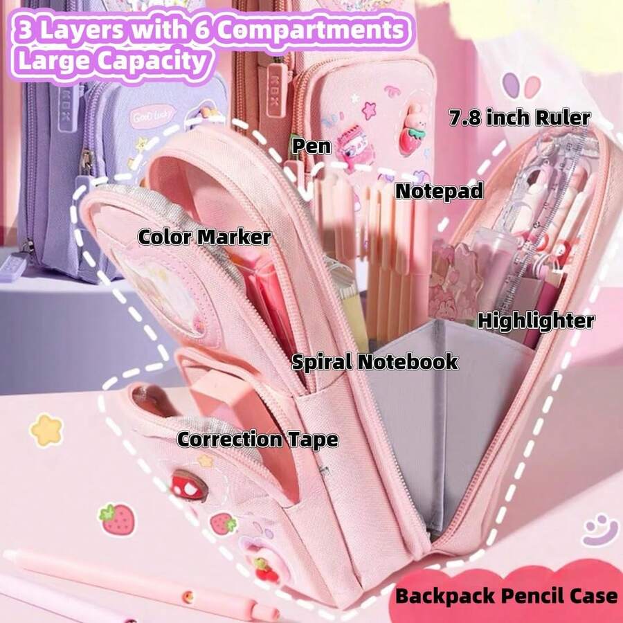 Estuche para lápices de gran capacidad y color rosa kawaii - Organizador de papelería con 3 compartimentos lindos para guardar útiles escolares, de oficina y de viaje | Regalo ideal para niñas y amantes del arte - Multicolor - Ver 1