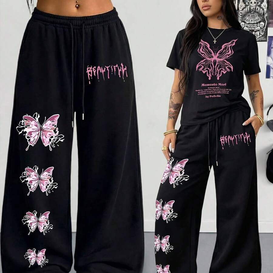 Women's T-Shirt With Sparkling Golden Cherry Design - 黑色 - 查看 1