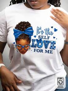 Women's Printed T-Shirt With Self-Love Graphic And Blue Hearts - Casual Short Sleeve Crew Neck T-Shirt, With A Relaxed Fit For All Seasons, Perfect For Everyday Wear Or Holiday Outfits (Machine Washable). - 白色 - 查看 1