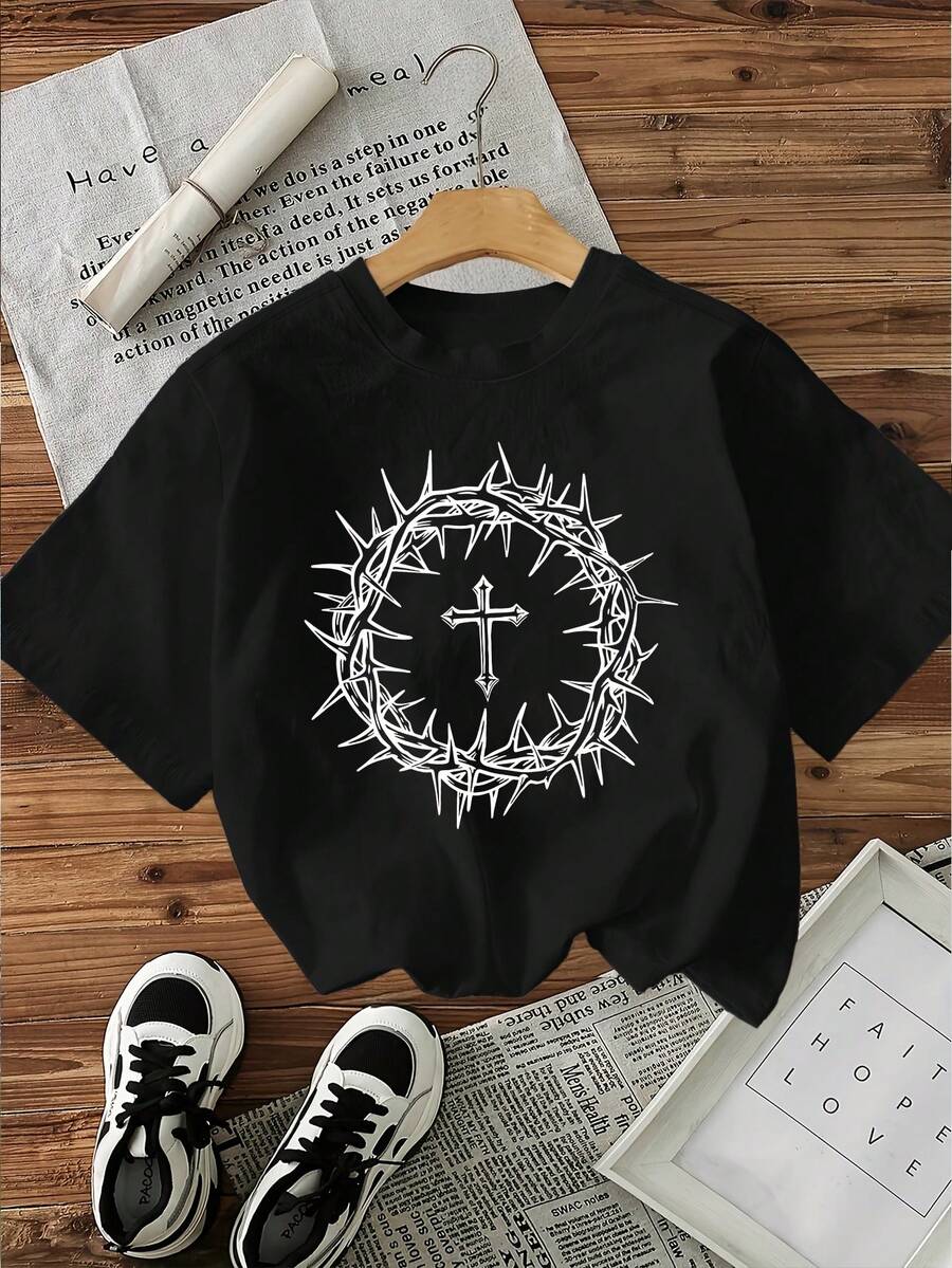 Religious Symbolic Meaning, Crown Made Of Thorny Branches And Christian Cross Print, Pure Cotton Round Neck T-Shirt, Basic Short Sleeve Design, Simple Design, Suitable For Casual Sports, Versatile Item For Everyday Wear 15463. - 黑色 - 查看 1