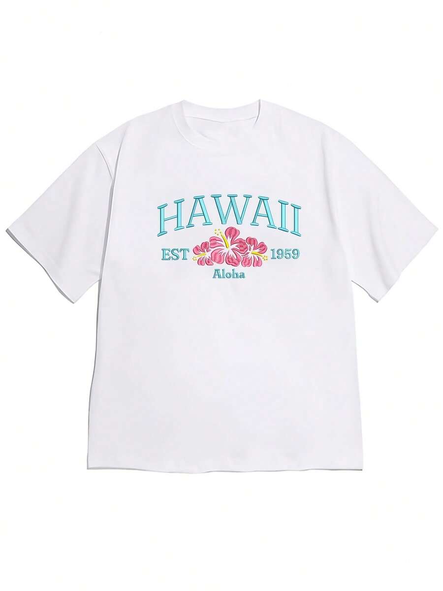 2026 Spring/Summer New Women's Drop-Shoulder "Hawaiian + Hibiscus + 'Aloha' Text" Island Theme Short-Sleeve T-Shirt, Fresh Vacation Style, Comfortable And Skin-Friendly, Ideal For Island Culture Enthusiasts' Daily Casual Wear-High QualityFor Summer - 白色 - 查看 1