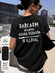 Plus Size Women's Party & Street Magical Quotes And Wand Graphic Round Neck Short Sleeve Casual Retro Black T-Shirt, Summer - Black - View 3