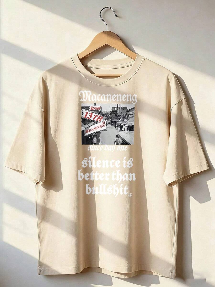 Retro Street Photo T-Shirt With "Silence Is Better Than" Slogan, Fashionable Short-Sleeve T-Shirt For Spring/Summer 2026, Made In Mexico, 180 Grams. Cartoon Print, Couple Design, Suitable For Indoor Or Outdoor Wear. Crew Neck, Unisex, Ideal For Office And Leisure. One-Pack. - APR-P631577SLNDXZGY586 - 查看 1