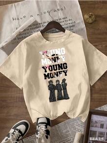 T-Shirt With "YOUNG MONEY" Text And Urban Figures,  Short-Sleeved T-Shirt For Spring And Summer 2026, Made In Mexico, 180 Grams. Cartoon Print, Couple Design, Suitable For Indoor Or Outdoor Wear. Crew Neck, Unisex, Ideal For Office And Leisure. One-Pack. - APR-P631577SLNDXZGY596 - 查看 3