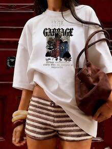 T-Shirt With "GARBAGE" Text And Dark Urban Graphic,  Short-Sleeved T-Shirt For Spring And Summer 2026, Made In Mexico, 180 Grams. Cartoon Print, Couple Design, Suitable For Indoor Or Outdoor Wear. Crew Neck, Unisex, Ideal For Office And Leisure. One-Pack. - WH-P631577SLNDXZGY620 - 查看 3