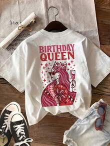 | Exquisite Design | Loose And Comfortable | Easy To Match | [Double-Sided Print] Women's Summer Casual T-Shirt, Pop Style, Crown And Star Print, Birthday Queen Design, Round Neck, Pure Cotton, Short Sleeve - 白色 - 查看 2