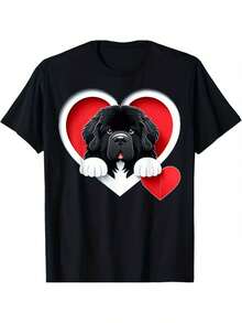 T-shirt pour amateurs de Terre-Neuve - Top décontracté noir mignon avec motif en forme de cœur de chien de Terre-Neuve, coupe régulière pour adultes, confortable pour toutes les saisons, design col rond classique, durable, imprimé, tissu respirant, vêtements pour propriétaires d'animaux de compagnie, confortable. - Noir - Voir 6