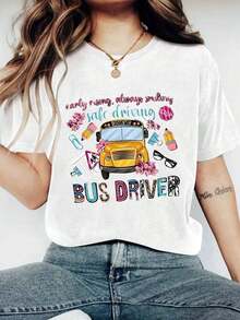 Short-Sleeved T-Shirt With Bus Print, Casual Round Neck Top For Spring And Summer, Women's Clothing, Round Neck, 100% Cotton, Soft Fabric, Short Sleeve. - 白色 - 查看 6