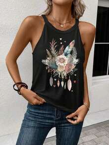 Camiseta de tirantes con cuello halter y estampado floral casual, ajuste ceñido para mujer, adecuada para el verano y el regreso a la escuela - Negro - Ver 4