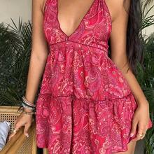 Vestido bohemio con estampado, escote halter con lazo y espalda descubierta, versátil para uso casual, vacaciones y diario, primavera/verano - Rojo violeta - Ver 2