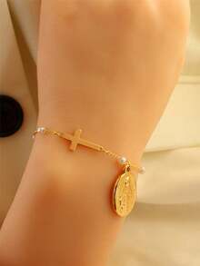 1 pieza Pulsera con colgante de cruz y perla de la Virgen María, regalo cristiano, regalo de fe, regalo de cruz, regalo de amistad - Dorado - Ver 5