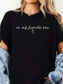 1 pieza de ropa de mujer, camiseta negra con estampado de anillo de compromiso, camisetas, top blanco, camisetas gráficas para mujer, camiseta unisex casual de cuello redondo, tela ligera, lavable a máquina, para primavera/verano/otoño, Día de San Valentín, despedida de soltera, compromiso, 180g, 100% algodón. - Negro - Ver 8