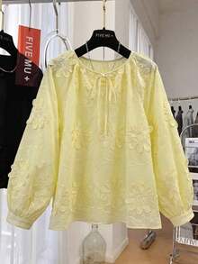 Long-Sleeved Blouse With 3D Floral Embroidery, New Early Spring Design, Loose Casual Top For Women - 黃色 - 查看 6