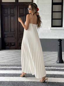 Vestido informal de unicolor con costuras de pliegues, tirantes con flecos para vacaciones, para mujeres - Albaricoque - Ver 2