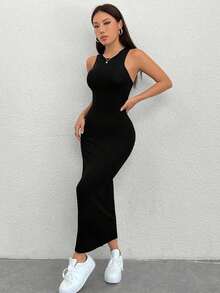 PETITE Vestido Para Mujer De Cuello Redondo Sin Mangas - Negro - Ver 4