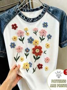 Camiseta de mujer de cuello redondo con efecto de mezclilla, parches, rayas y estampado digital de cerezas, casual y de moda - Rosa 3 - Ver 4