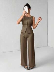 PETITE Conjunto de chaleco y pantalones de un solo pecho de unicolor con cuello redondo, elegante traje de oficina para mujer, ropa de mujer de verano y otoño, conjunto de oficina, ropa casual de negocios, conjunto de dos piezas, ropa de oficina de otoño para mujer, conjunto de blazers para mujer - Marrón - Ver 8