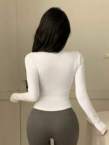 Camiseta de manga larga de cuello alto y ajuste ceñido para mujer, ropa de otoño - Blanco - Ver 4