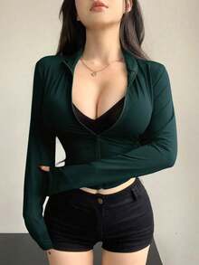 Camiseta de manga larga de cuello alto y ajuste ceñido para mujer, ropa de otoño - Verde - Ver 5
