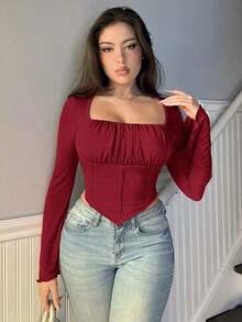 Elegante camiseta de manga abullonada con pliegues brillantes, versátil para citas y vacaciones - Burdeos - Ver 7
