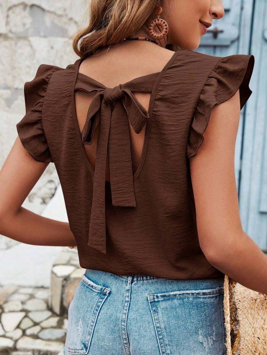 Frenchy Blusa de verano para mujer con volantes y cruce de tirantes en la espalda en color liso - Café integral - Ver 1