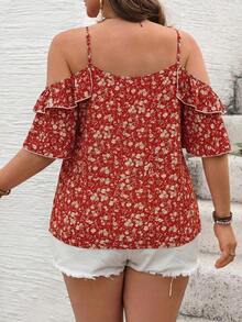 Camiseta romántica con volantes y escote descubierto de corazoncitos para vacaciones, talla grande.Ideal para fiesta casual, picnic o San Valentín. - Naranja 2 - Ver 2