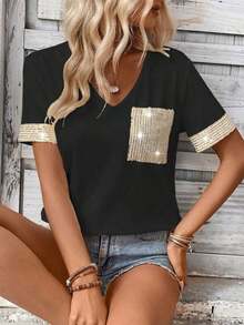 LUNE Camiseta de mujer casual de manga corta con cuello en V, parches y lentejuelas - Negro - Ver 4