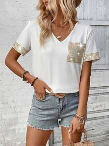 LUNE Camiseta de mujer casual de manga corta con cuello en V, parches y lentejuelas - Blanco 2 - Ver 3