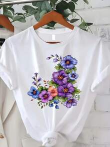Men's&Women's Camiseta blanca de manga corta con estampado y cuello redondo| Camiseta estampada moderna y cómoda, diseño floral único, flores de color morado y azul brillante, adecuada para salidas diarias de verano, 180 gramos, 100% algodón. - Blanco - Ver 1