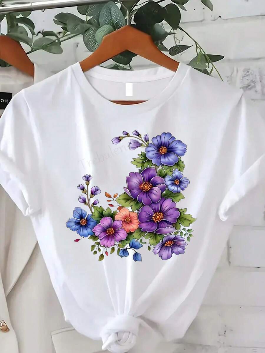 Men's&Women's Camiseta blanca de manga corta con estampado y cuello redondo| Camiseta estampada moderna y cómoda, diseño floral único, flores de color morado y azul brillante, adecuada para salidas diarias de verano, 180 gramos, 100% algodón. - Blanco - Ver 1