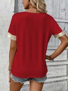 LUNE Camiseta de mujer casual de manga corta con cuello en V, parches y lentejuelas - Burdeos - Ver 2