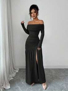 Vestido de punto ajustado de manga larga con hombros descubiertos, elegante y vintage, adecuado para otoño/invierno, Halloween - Negro - Ver 4
