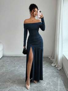 Vestido de punto ajustado de manga larga con hombros descubiertos, elegante y vintage, adecuado para otoño/invierno, Halloween - Azul marino - Ver 6