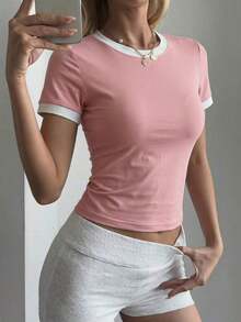 Camiseta de manga corta minimalista de unicolor para mujer, uso casual de todos los días en verano - Rosa - Ver 6
